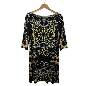 J.McLaughlin Black Gold Baroque Chain Catalina Cloth Sheath Dress XL Equestrian